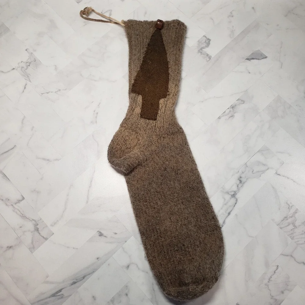 Primitive Wool Christmas Stocking with Hand Stitched Christmas Tree & Rusty Bell